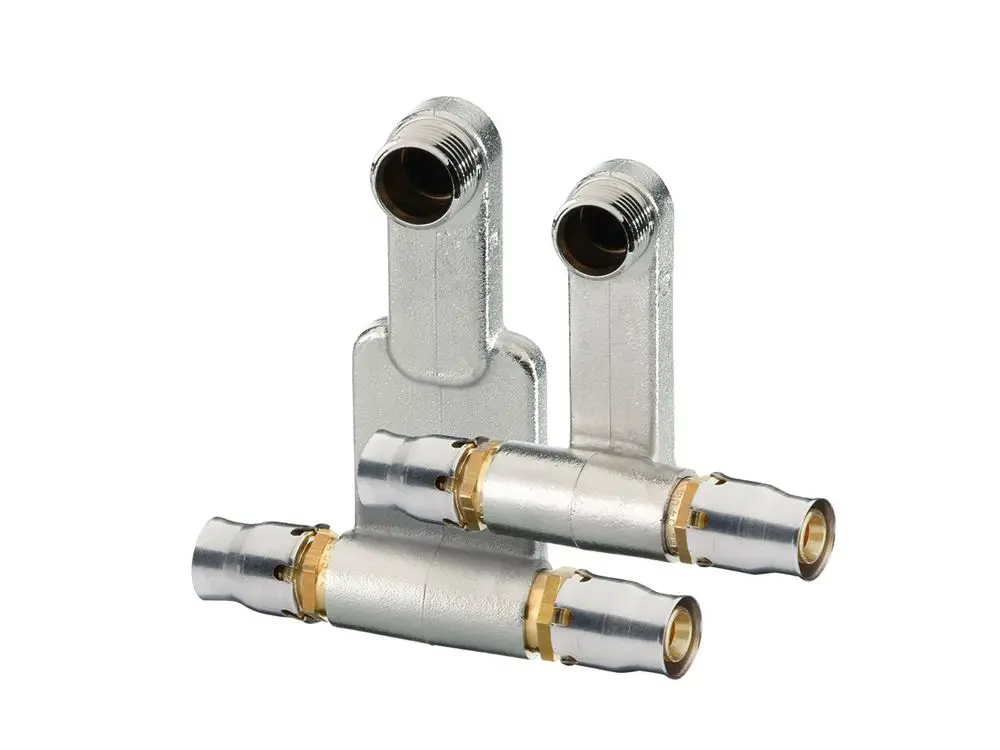 HK-Anschluss Set von Fränkische, bestehend aus zwei metallischen Verbindungsstücken mit einschraubbarem Anschluss und einem geraden Element zur Verbindung.